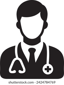  This vector presents a bold icon of a male physician, characterized by a stethoscope around the neck and a medical cross emblem, symbolizing healthcare and medical professionalism. 