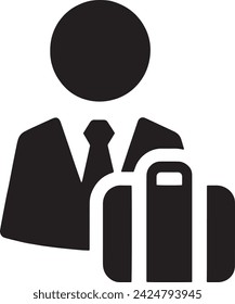 This vector presents a clean, graphic silhouette of a professional person, complete with a suit and tie, alongside a briefcase.