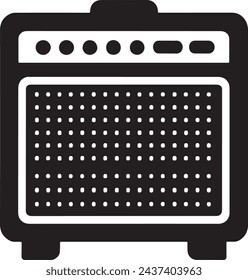 This vector presents a minimalist black and white silhouette of a guitar amplifier, capturing the quintessential box shape, front grill, and control knobs. 