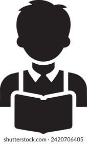 This vector presents a minimalist icon of a student holding an open book, depicted in black and white