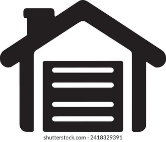 This vector presents a straightforward and modern icon of a home with an attached garage, rendered in a bold black silhouette. 