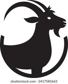 This vector presents a striking black silhouette of a goat's head and upper body, gracefully enclosed within a circular frame. The silhouette captures the majestic horns, alert ears.