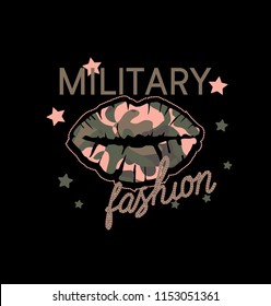 This vector print is for t-shirt. Graphic design  for screen-printing press in typography. There is a stylized word and slogan about military. Can be used for denim and knitwear clothes in fashion.