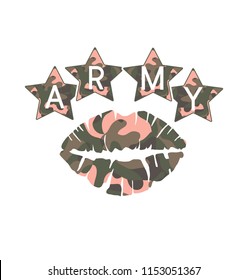 This vector print is for t-shirt. Graphic design  for screen-printing press in typography. There is a stylized word and slogan about military. Can be used for denim and knitwear clothes in fashion.