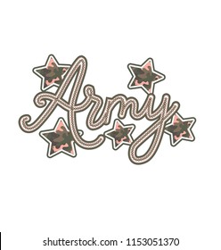 This vector print is for t-shirt. Graphic design  for screen-printing press in typography. There is a stylized word and slogan about military. Can be used for denim and knitwear clothes in fashion.