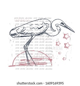 This vector print is for t-shirt. Graphic design  for screen-printing press in typography. There is a stylized word, slogan and heron.