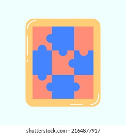 This is a vector of a puzzle with red and blue pieces. The vector has soft blue background.