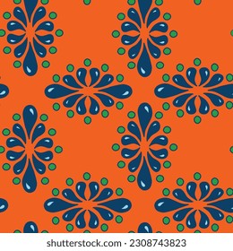 This vector repeat seamless pattern design features water drops of blue and dots of green to create a geometric pattern on an orange background.