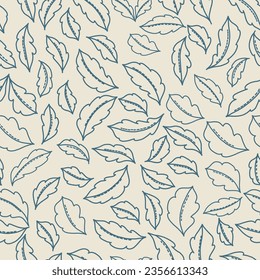 This vector repeat seamless pattern design features blue line art of leaves on a tan background.
