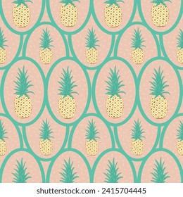 This vector repeat seamless pattern design is welcoming friends with yellow pineapples in teal green ovals on a peachy background.