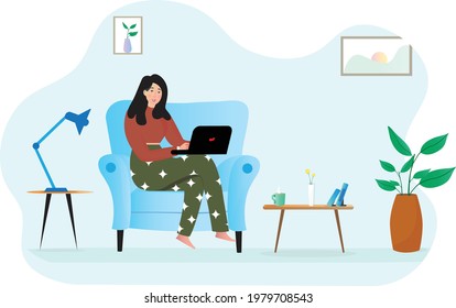Esta es una representación vectorial del personaje de la niña que trabaja en casa usando una laptop.