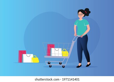 This is a vector representation of a girl with a shopping cart. This will be perfect for designs or backgrounds relating a shopping concepts. This representations are fully layered.