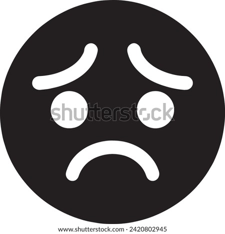 This vector represents a worried emoji, illustrated in a stark black and white contrast. It features raised eyebrows, large sad eyes, and a downturned mouth, universally symbolizing concern, anxiety.