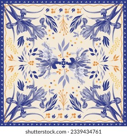 This vector scarf is designed with blue and orange floral designs, combined with free-form shapes, elegant and striking on a cream-colored background. for print fabric