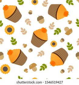 This is vector seamless pattern texture of cupcake, mushroom, leaf, sunflower. Wrapping paper.