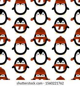 This is vector seamless pattern texture of illustration. Cute cartoon penguin in clothes in hat, scarf, gloves.