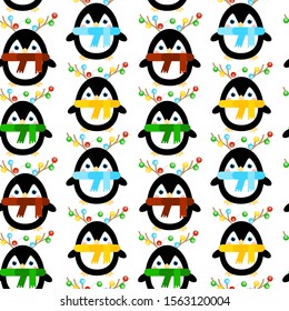 This is vector seamless pattern texture texture of penguin white deer antlers and Christmas garlands. Wrapping paper.