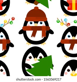 This is vector seamless pattern texture texture of penguin with deer antlers and Christmas garlands and gift box, Christmas trees and winter clothes. Wrapping paper.