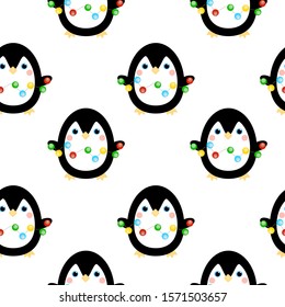 This is vector seamless pattern texture of penguin and Christmas garlands on white background. Cute cartoon illustration.