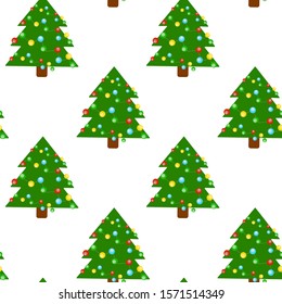 This is vector seamless pattern texture texture of Christmas tree and garlands on white background. Cute cartoon illustration.