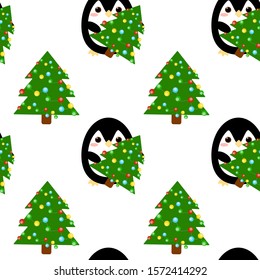 This is vector seamless pattern texture of penguin and Christmas tree with lamps on white background. Cute cartoon illustration.