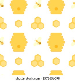 This is vector seamless pattern texture of honey, honey wax, bee, hive bees. Cartoon illustration.