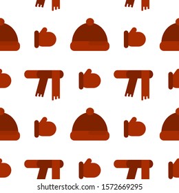 This is vector seamless pattern texture of red hat, scarf and mittens on white background.