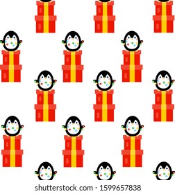 This is vector seamless pattern texture texture of penguin and gift box and on white background. Cute cartoon illustration.