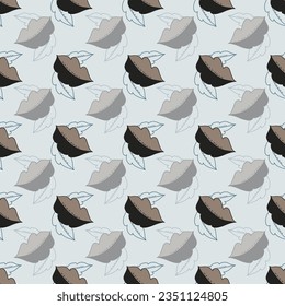 This vector seamless repeat pattern design features black and brown leaves falling geometrically on a light blue background.