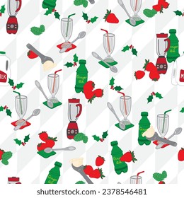 This vector seamless repeat pattern design is full of ice cream, strawberries, tall soda glasses, holly, long spoons, straws, soda, blenders, and napkins on a vintage soda shop flooring background.