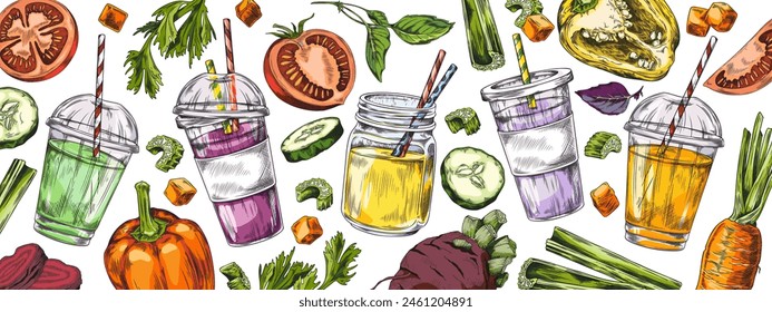 This vector set bursts with the vibrancy of various vegetable smoothies in clear cups, accompanied by lush, fresh produce, ideal for health and nutrition themes.