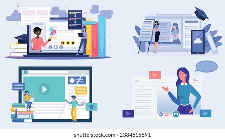 This vector set comprises illustrations showcasing e-learning platforms and digital educational environments