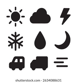 Deze vectorset bevat een verzameling moderne weersymbolen en transportpictogrammen in een schone, schone iconen.