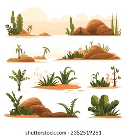 This vector set features a desert landscape with various rocky formations and cacti