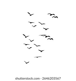 This vector set features a flock of flying bird silhouettes against a clean white background, ideal for tattoos or nature-inspired artwork. The collection gracefully captures the beauty, motion, and f