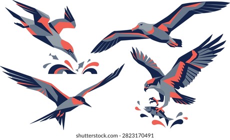This vector set features four stylized seabird illustrations in dynamic poses including diving, soaring, and catching prey. Ideal for wildlife documentaries, environmental branding, and modern nature-themed graphic design projects.
