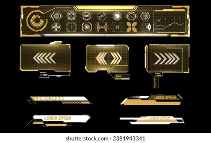 This vector set features futuristic HUD interface elements in gold and black colors. The set includes various buttons, icons, and text boxes in a sci-fi style, perfect for video games.