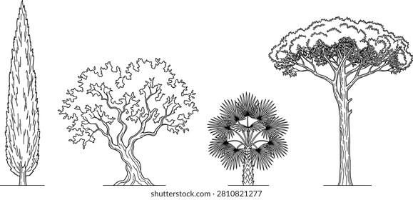 This vector set features minimalist black and white sketches of iconic Mediterranean trees like cypress, olive, palm, and stone pine. Ideal for use in architectural site plans, garden design, travel branding, and nature-themed graphic projects.
