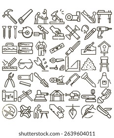 This vector set features numerous woodworking tools like hammers, saws, drills, and planes. It also includes carpentry activities, all illustrated with clean outline designs.