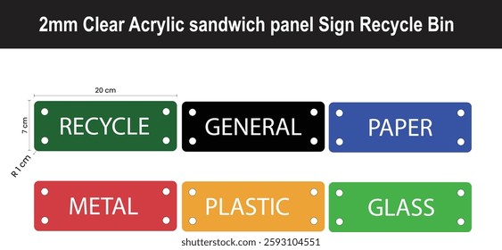 This vector set features six distinct labels designed for efficient waste sorting in recycle bins. This ensuring comprehensive coverage for any recycling program.