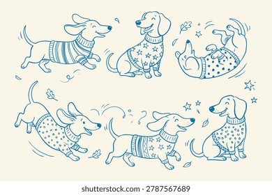 This vector set features six hand drawn blue outline illustrations of playful dachshund dogs wearing patterned sweaters in poses like running sitting jumping and rolling
