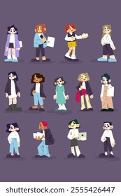 This vector set features stylish female working characters, ideal for web design, social media, marketing, educational materials, corporate branding, packaging, apps, and editorial illustrations.