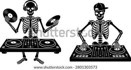 This vector set features two skeletal disc jockeys performing behind professional mixing consoles with vinyl records. It is ideal for music festivals, Halloween party flyers, club branding, or edgy streetwear apparel designs.
