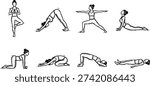 This vector set features a woman practicing diverse yoga poses and asanas, including tree pose, downward dog, and warrior positions. Hand-drawn in a minimalist black line art sketch style, these doodle illustrations are ideal for fitness studio branding, wellness apps, meditation blog graphics, and healthy lifestyle design elements.