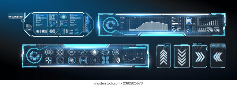 This is a vector set of futuristic HUD interface elements. The elements are blue and black in color, featuring various data displays, control panels, and dashboard designs.