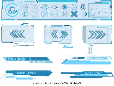This is a vector set of futuristic HUD interface elements. The elements are blue and black in color, featuring various data displays, control panels, and dashboard designs.