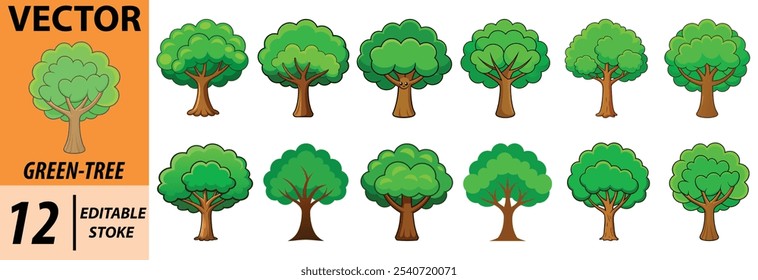 Este conjunto de Vectores incluye 12 ilustraciones de árboles editables en una variedad de estilos de árboles de dibujos animados. Perfecto para agregar diseños de árboles verdes a proyectos de naturaleza, cada gráfico de árbol es fácil de personalizar.