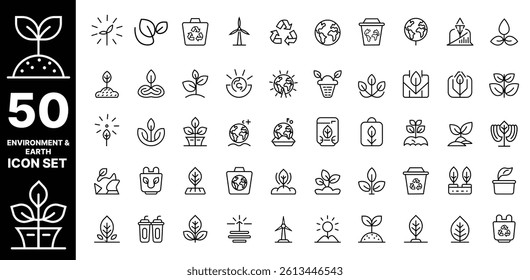 This vector set includes 50 high-quality thin-line icons themed around the environment, sustainability, and green living. It is perfect for eco-friendly branding, Earth Day campaigns, climate change.