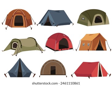 This vector set includes outdoor camping equipment. Flat illustration of dome tent icons on a white background, perfect for the travel concept.