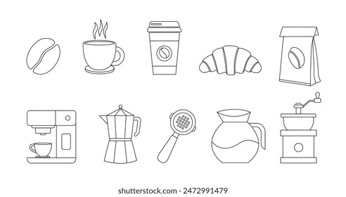 This vector set includes a series of coffee-themed icons created in a clean, minimalist line art style. The collection features ten different icons.